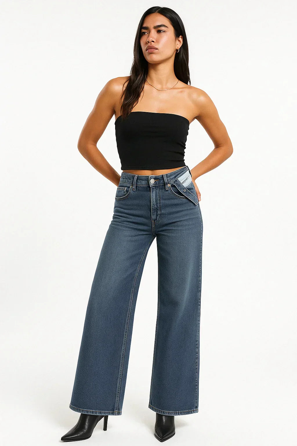 Charlie - Pantalon en denim à taille haute asymétrique – coupe large